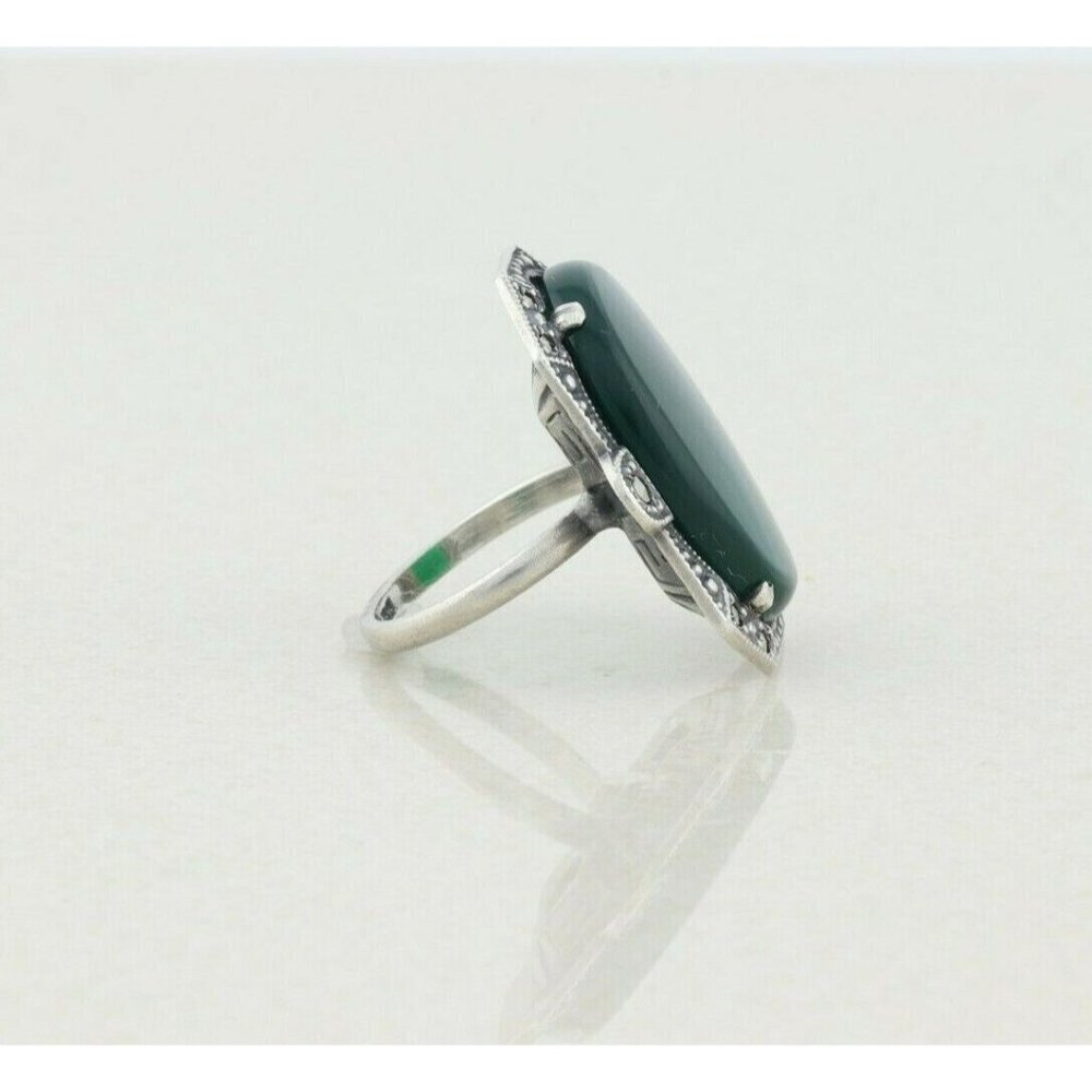 Sterling Silver Green Onyx and Marcasite Ring Art Deco Ring Size 5 - Picture 6 of 8